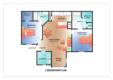 a floor plan of two bedroom plan with two baths and a balcony